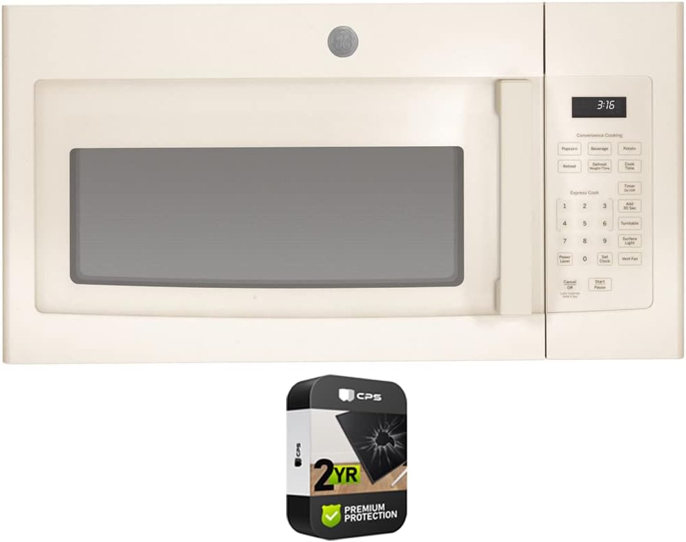 GE JVM3160DFCC 1.6 Cu. Ft. Over-the-Range Microwave Oven Bisque Bundle with 2 YR CPS Enhanced Protection Pack