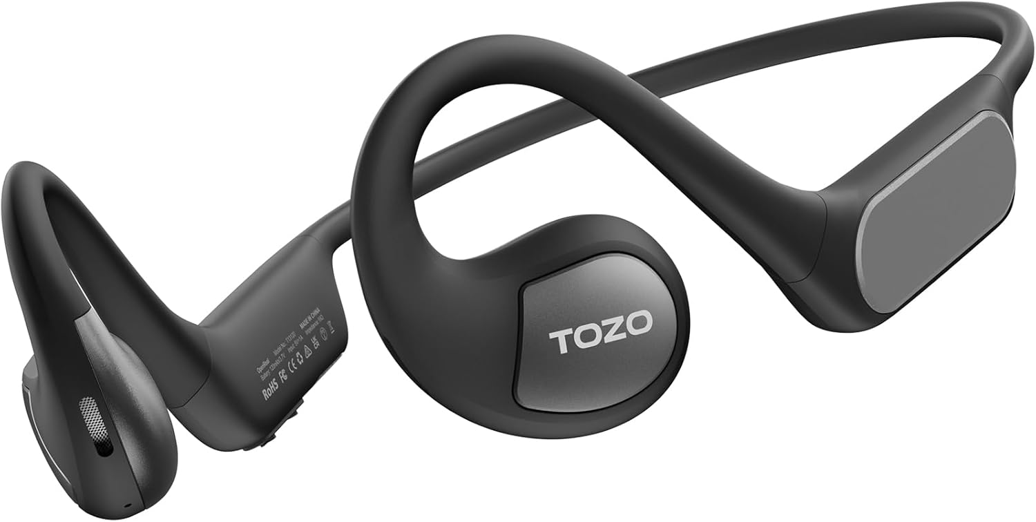 TOZO Upgraded Open Ear Headphones Bluetooth 5.3 Air Conduction Wireless Headphones Sport Earbuds with Premium Sound, 32 EQs via APP, Dual-Mic Call Noise Reduction Earphones with Hair Band for Cycling