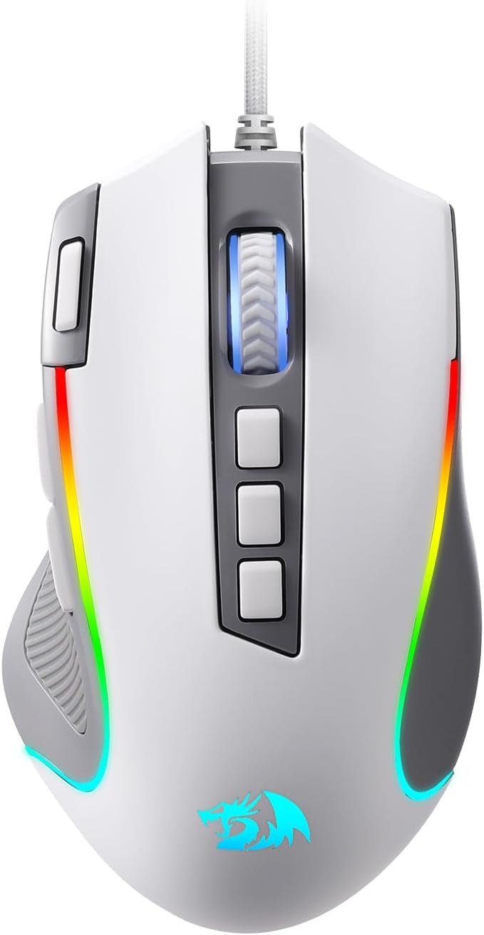 Redragon M612 RGB Gaming Mouse, 8000 DPI Wired Optical Mouse with 9 Programmable Buttons & 5 Backlit Modes, Software Supports DIY Keybinds Rapid Fire Button, Gray&White