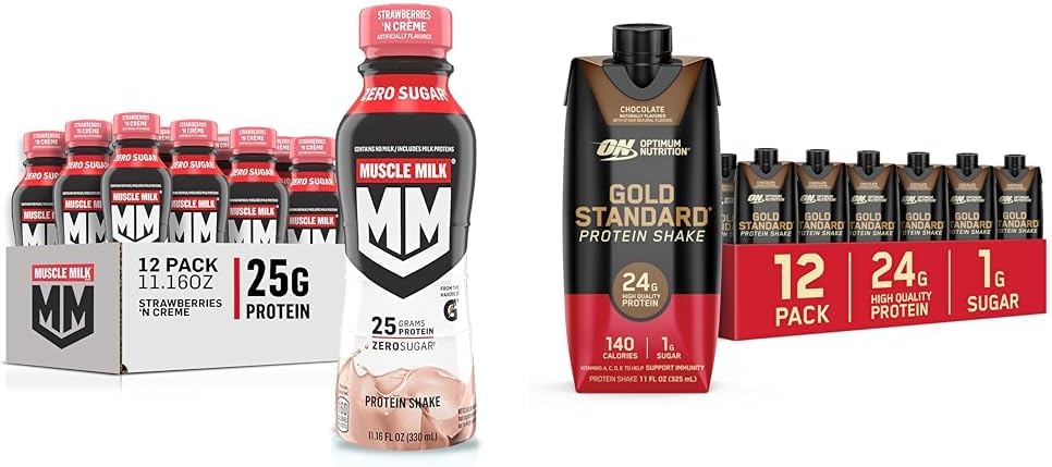 Muscle Milk Genuine Shake, Strawberry, 11.16 Fl Oz Bottles (12 Pack) & Optimum Nutrition Protein Shake, Chocolate, 24g Protein, 11 Fl Oz (12 Count)