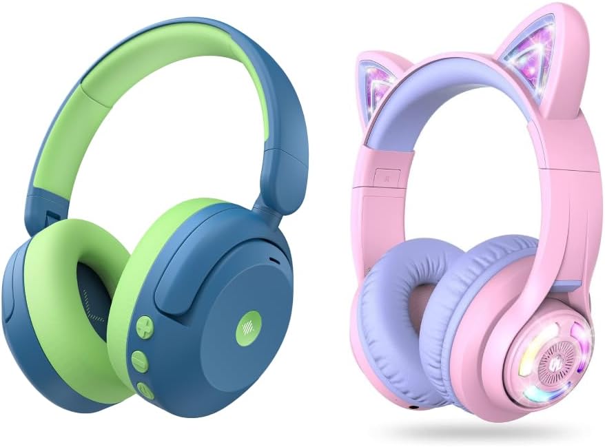 iClever BTH20 Active Noise Cancelling Headphones for Kids & BTH13 Meow Macaron Kids Bluetooth Headphones Bundles, Safe Volume, Kids Headphones for Travel iPad Tablet