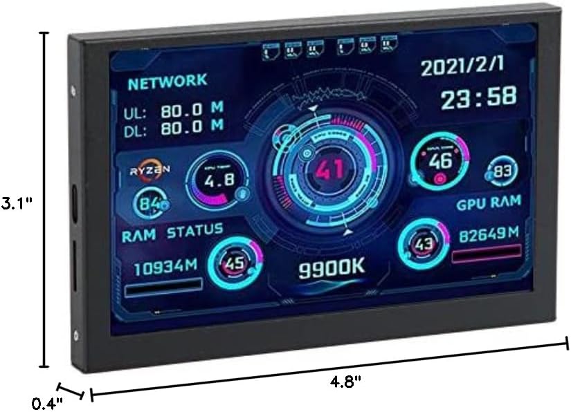 Zyyini PC CPU Data Monitor, 5 inch IPS USB Type C Screen PC Sensor Panel Display, PC Temperature Display for AIDA64, PC CPU GPU Data Monitor,Computer Case Secondary Screen