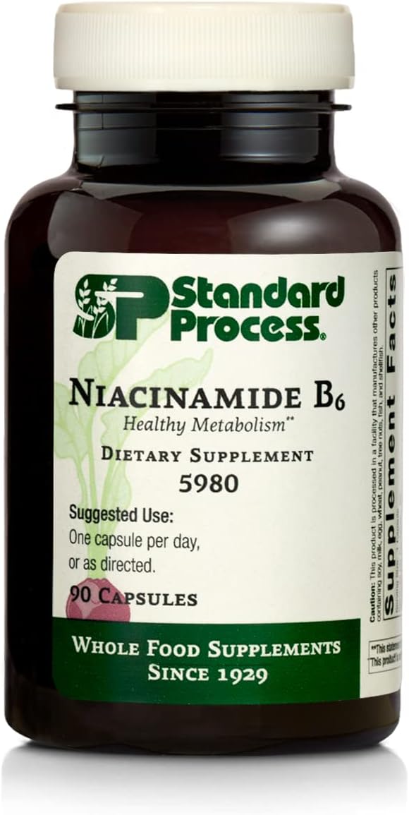 Standard Process Niacinamide B6 – Whole Food Energy, Metabolism and Nervous System Supplements with Soy Protein, Vitamin B6, Ascorbic Acid, Calcium Lactate, and Niacinamide – 90 Capsules