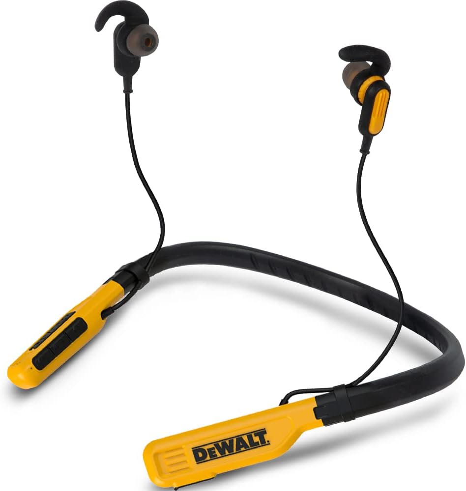 DEWALT Wireless Bluetooth Neckband Headphones — Neckband Earphones with 30H Runtime — Secure Magnetic Earbuds — Noise-Isolating Wireless Earbuds — Jobsite Pro Built-in Mic for Crystal-Clear Calls