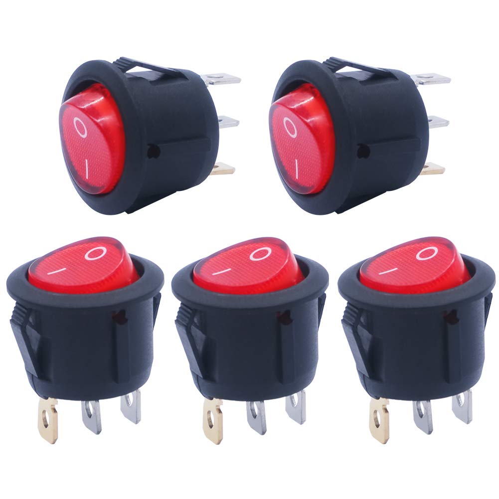 mxuteuk 5pcs Snap-in AC110/120V Lighted Round Rocker Switch Illuminated Boat Toggle Power Switch Red Light SPST ON-Off 3 Pin AC 250V 6A 125V 10A, Use for Household Appliances MXU1-5-101NR