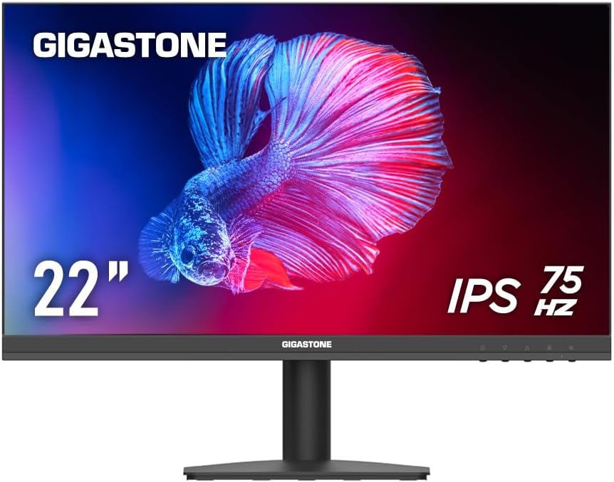 Gigastone 22 inch IPS LED Back Light Monitor 75Hz FHD 1920 x 1080, 1080P 178° Wide View Frameless Computer Monitor 4ms, Eye Care Technology, Ergonomic Tilt VESA Mount, HDMI VGA