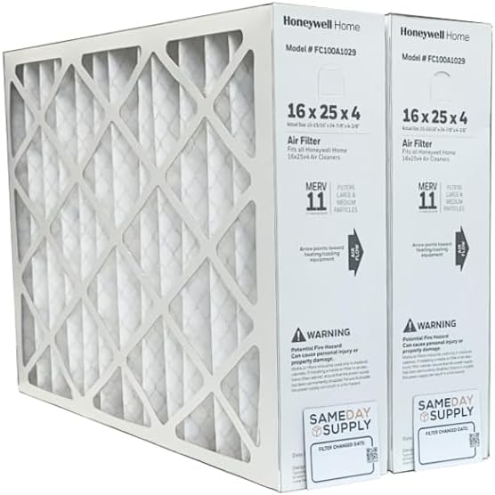 Honeywell FC100A1029 (2 Pack) – 16″ x 25″ x 4″ Pleated Air Filter, MERV 11 Bundle with Same Day Supply Filter Change Reminder