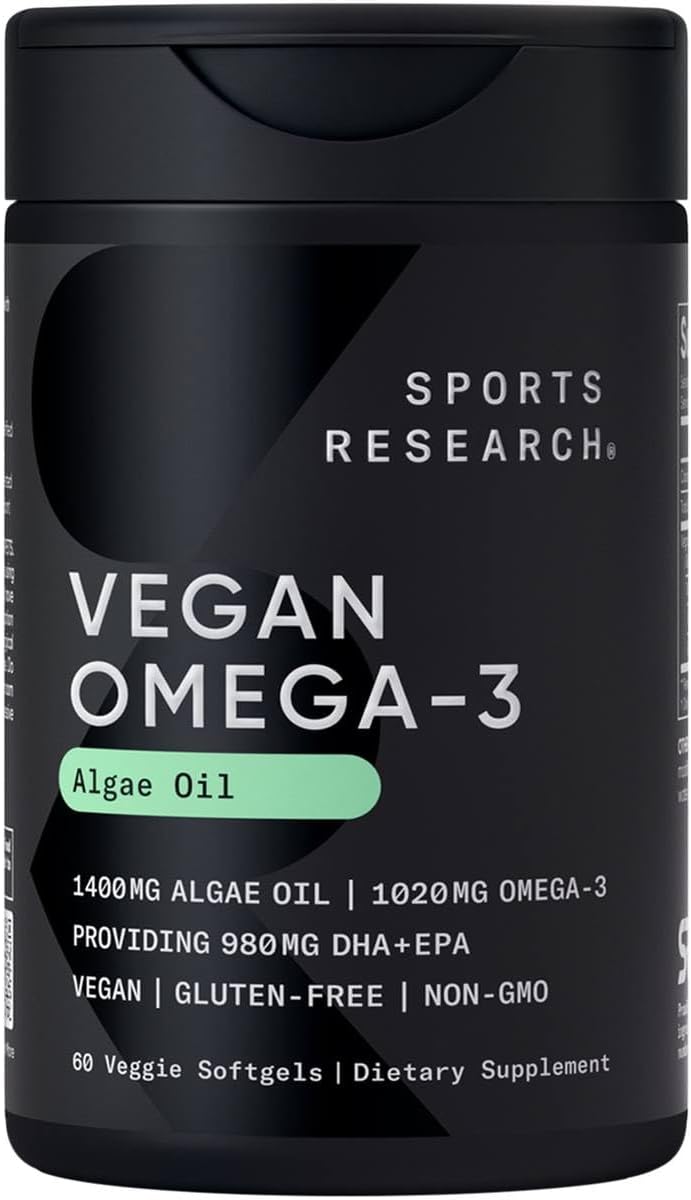 Sports Research Vegan Omega-3 Fish Oil Alternative from Algae Oil – Highest Levels of Vegan DHA & EPA Fatty Acids | Non-GMO Verified & Vegan Certified – Fresh Lemon Scent – 60 Veggie Softgels