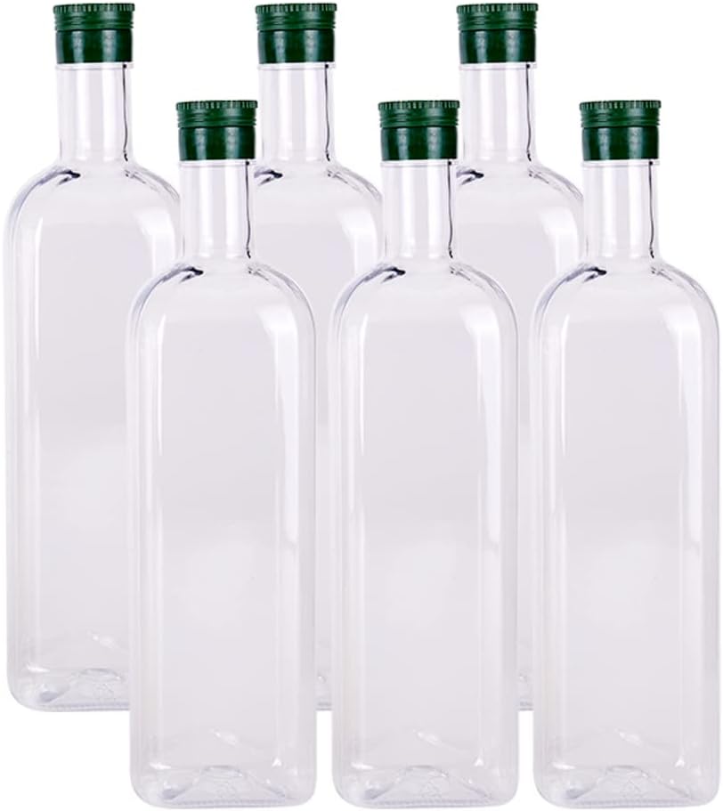 B SEPOR 6 Pack 1000ml Clear Quadra PET Empty Bottles 1 Quart Olive Oil Plastic Bottle with Caps (33.8 Fl Oz) – Long Neck Square Wine Bottles for Plant Watering Globe