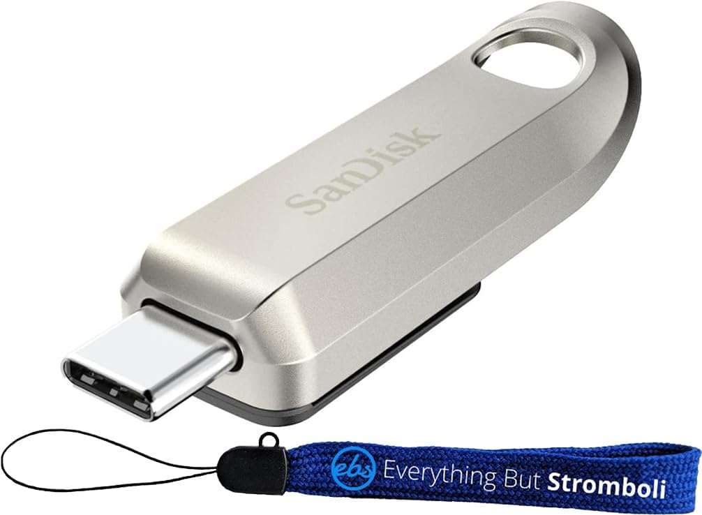 SanDisk Single Pack Ultra Luxe 256GB USB-C Flash Drive SDCZ75-256G-G46 – Bundle with (1) Everything But Stromboli Lanyard