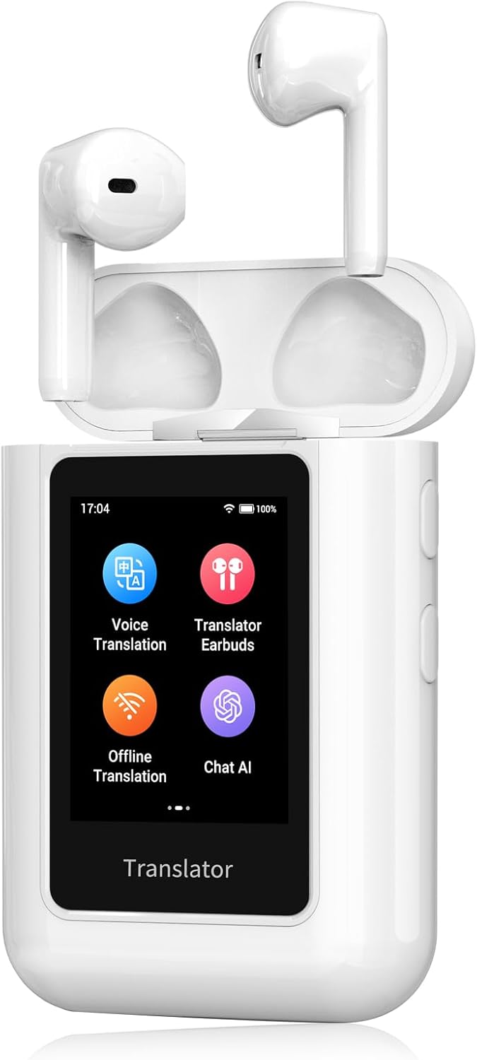 A8 AI Translator Earbuds 2025 Model ChatGPT Offline Translation Earbuds Real Time No APP Required Independent Use Language Translator Device for 144 Languages for Business Travel and Daily Use