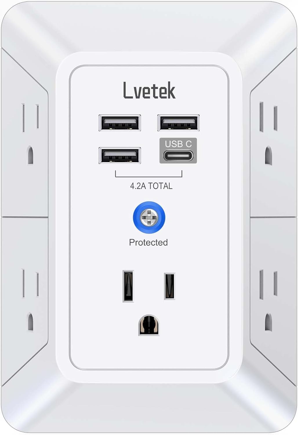 5 Outlet Extender Multi Plug Wall Outlets with 4 USB Charging Ports (1 USB C Outlet), 3 Sided 1680J Surge Protector Power Strip USB Wall Charger for Home, Office, Travel, ETL Listed, White