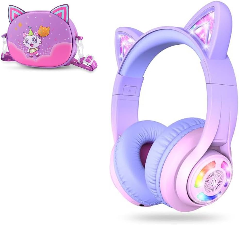 iClever Cat Ear Kids Bluetooth Headphones & Headphones Case Bundles