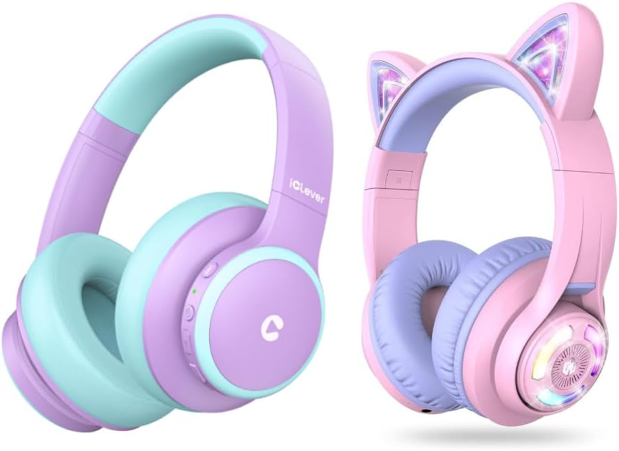 iClever BTH26 Active Noise Cancelling Headphones for Kids & BTH13 Meow Macaron Kids Bluetooth Headphones Bundles, Safe Volume, Kids Headphones for Travel iPad Tablet, Purple