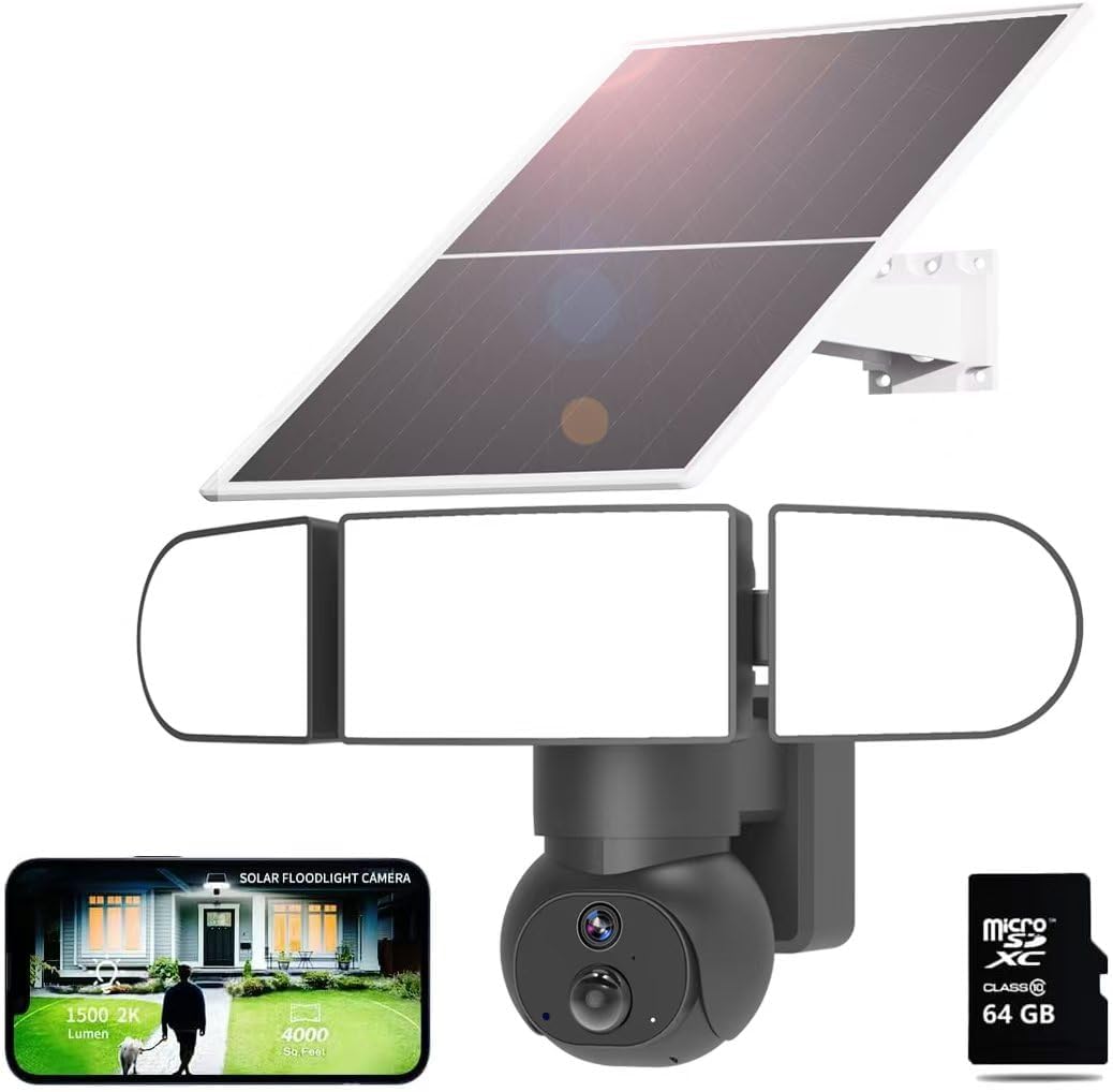 Solar Floodlight Camera,Security Camera Wireless Outdoor（Includ 64GB TF Card ） 360°View Pan/Tilt, 2K HD,2.4GHz WiFi Camera with Color Night Vision/PIR Sensor/2-Way Audio/Alexa, IP65, 105dB Siren