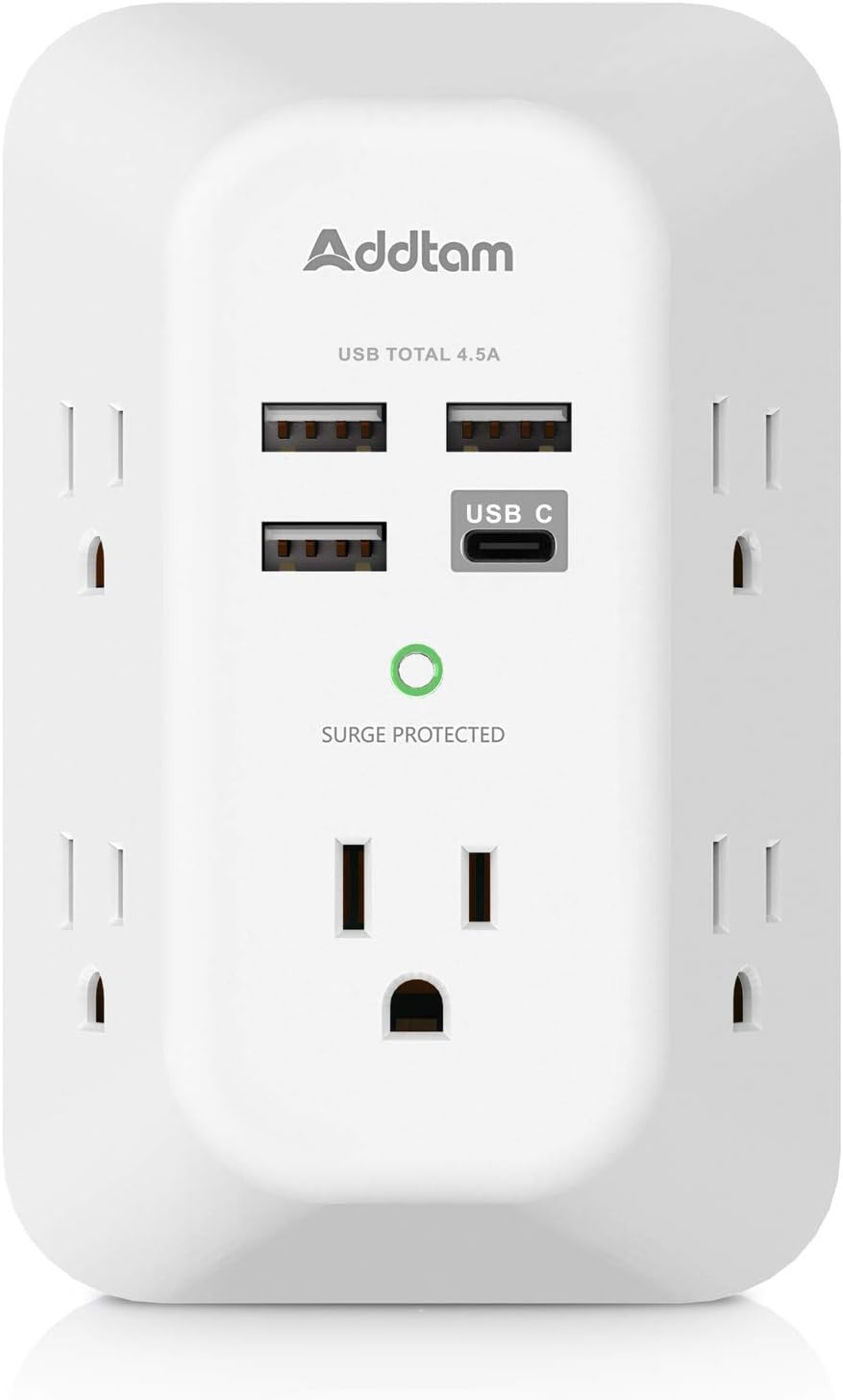 Addtam USB Wall Charger Surge Protector 5 Outlet Extender with 4 USB Charging Ports (1 USB C Outlet) 3 Sided 1800J Power Strip Multi Plug Outlets Wall Adapter Spaced for Home Travel Office ETL Listed