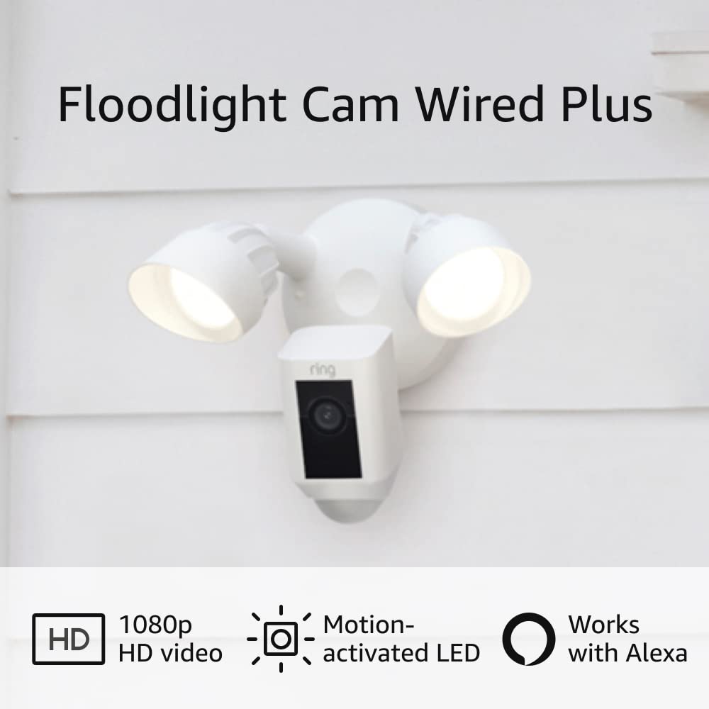 Like-New Ring Floodlight Cam Wired Plus with motion-activated 1080p HD video, White (2021 release)