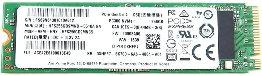 Solid State Drive XHFF7 0XHFF7 KR-0XHFF7 Compatible Replacement Spare Part for Dell SK Hynix PC300 HFS256GD0MND 256GB PCI Express 3.0 x4 MLC NVMe M.2 2280 Internal SSD