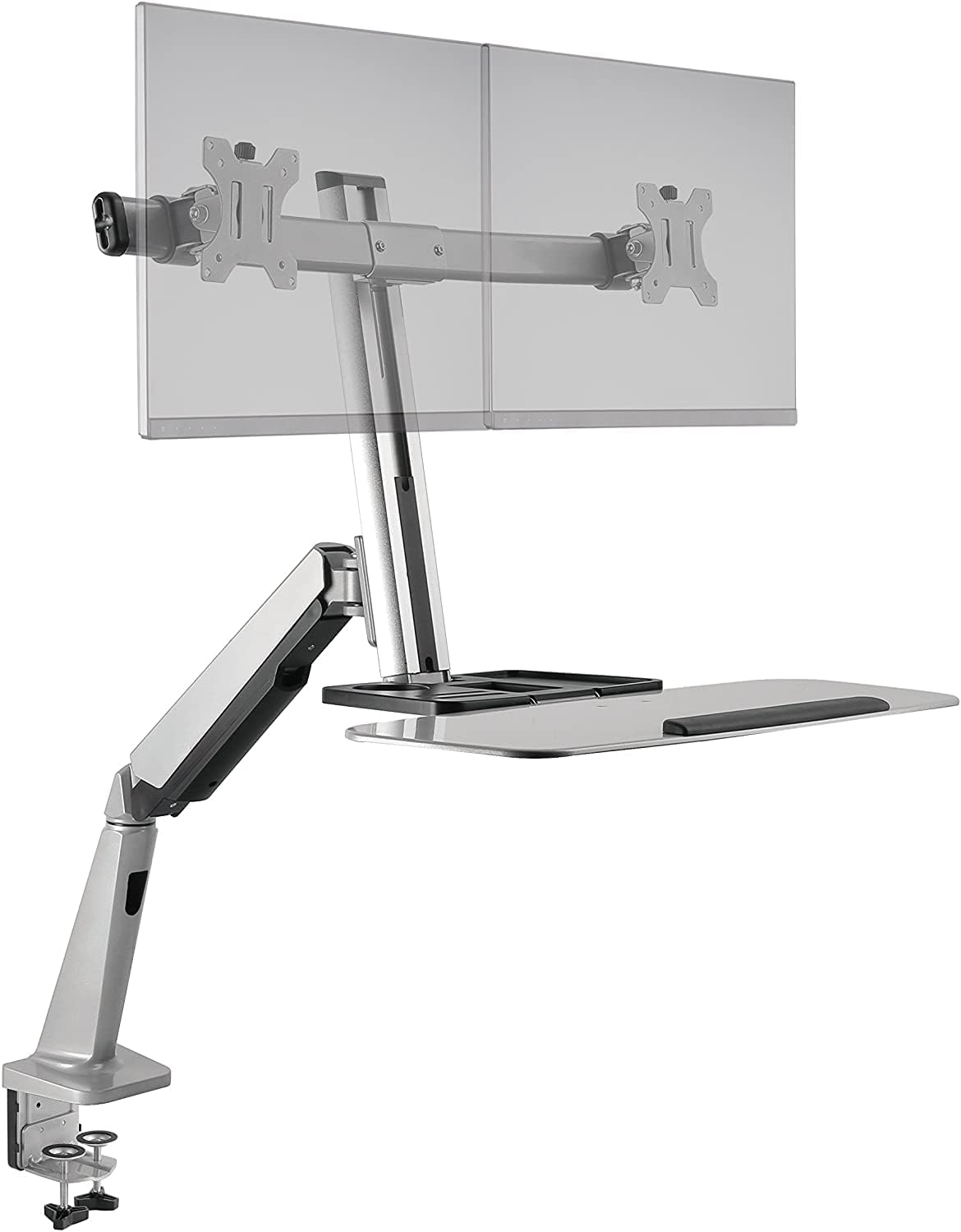 Ergotech Freedom Lift | Includes Dual Monitor Sit and Stand Workstation for Computer Monitor Screens and Clamp Mount | Full-Motion Swivel, Tilt and Rotation for Different Reading Angles | Silver