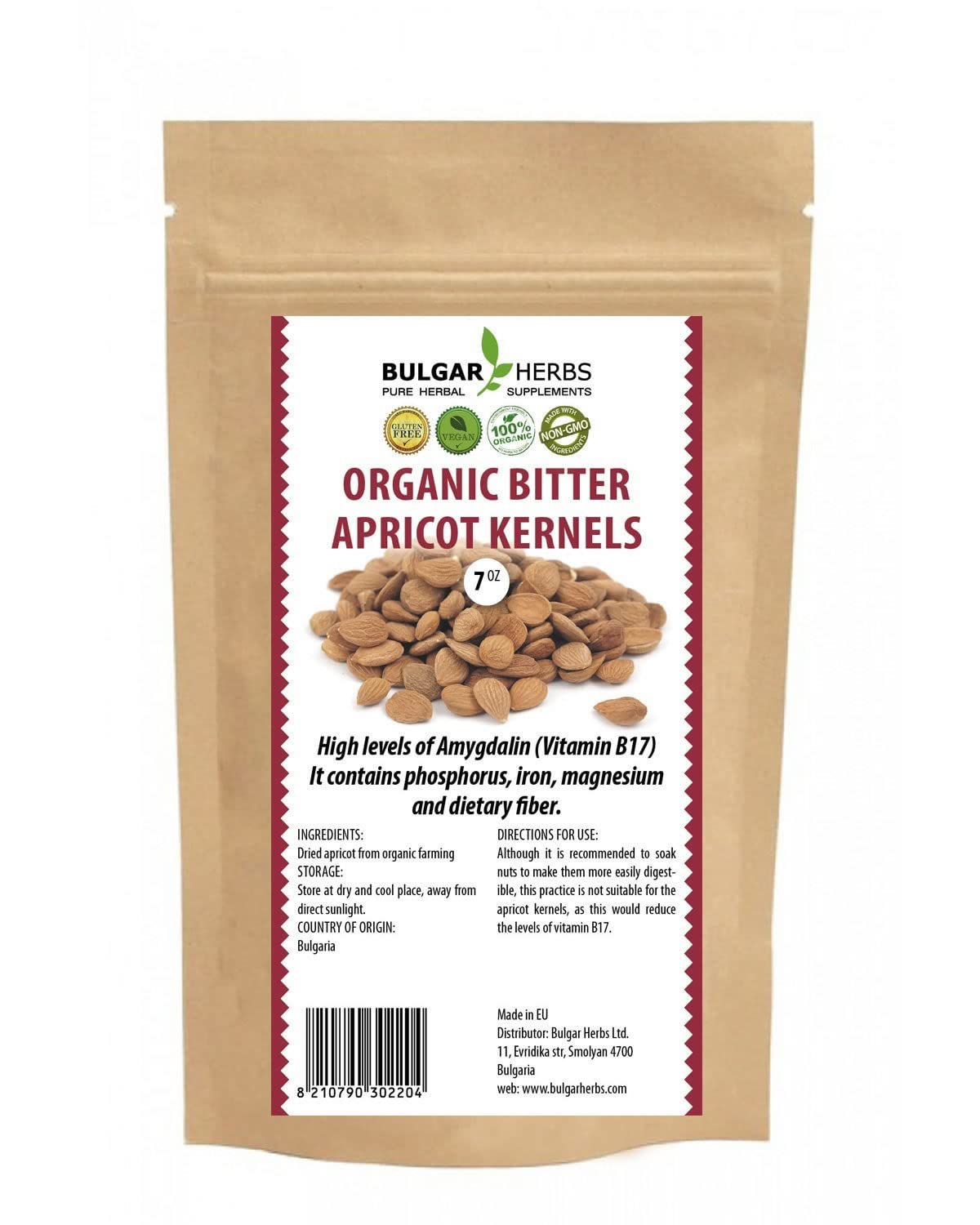 Organic Raw Bitter Apricot Kernels – Gluten Free – Vegan – The Best Bitter Apricot Seeds for B17 Vitamin – Made in The European Union – 7 Oz. 200g