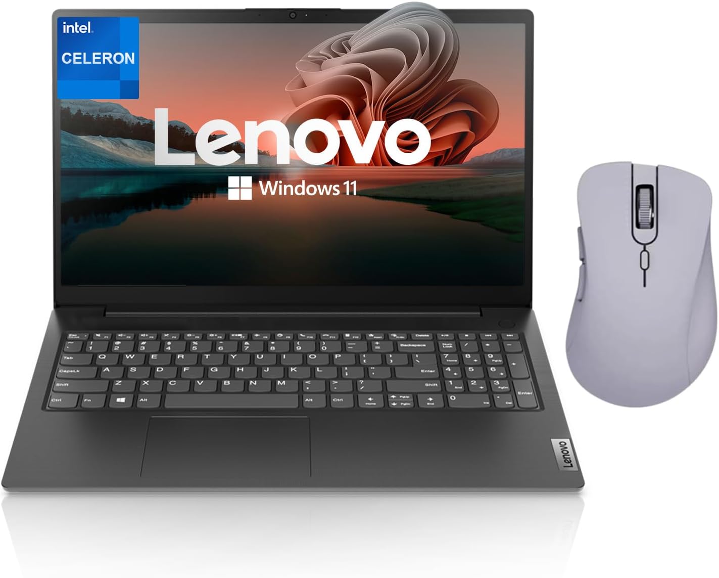 Lenovo V-Series V15 Laptop, 15.6″ FHD Display, Intel Celeron Dual Core Processor, 16GB RAM, 1TB SSD, Webcam, HDMI, Wi-Fi, Windows 11 Home, Black, Bundle with Thunderobot Purple Wireless Mouse