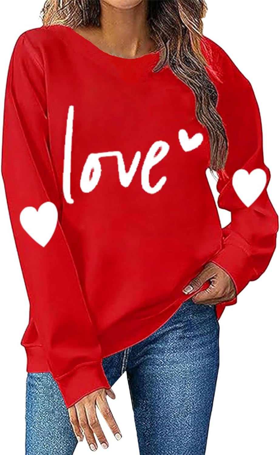 Trendy Tops for Women 2024,Women’s Crewneck Sweatshirts Cute Heart Print Drop Shoulder Long Sleeve Pullover Tops