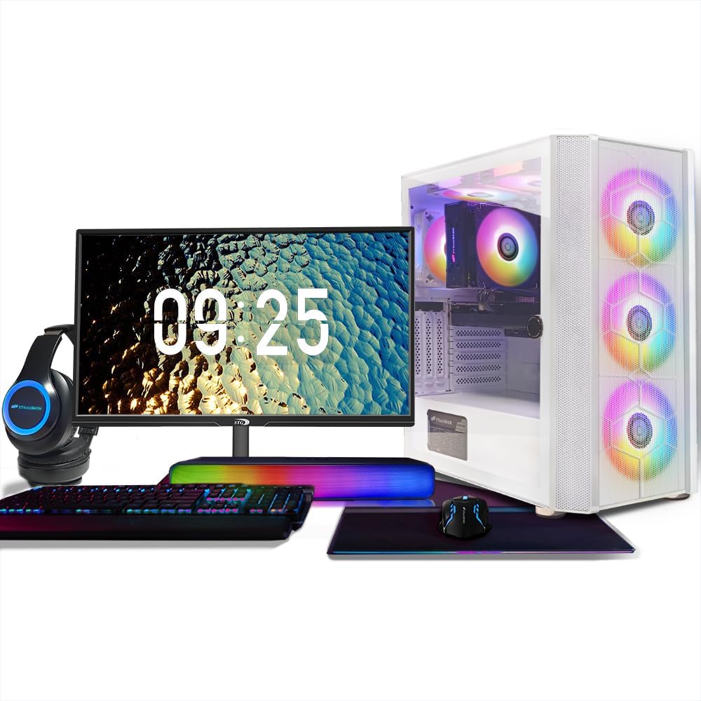 STGAubron Gaming PC Bundle with 24Inch FHD LED Monitor-RTX 3060 Ti 8G, Intel Core i7-10700F up to 4.8Ghz, 16G DDR4, 1T SSD, RGB Sound Bar & Gaming Mic, Windows 11 Home