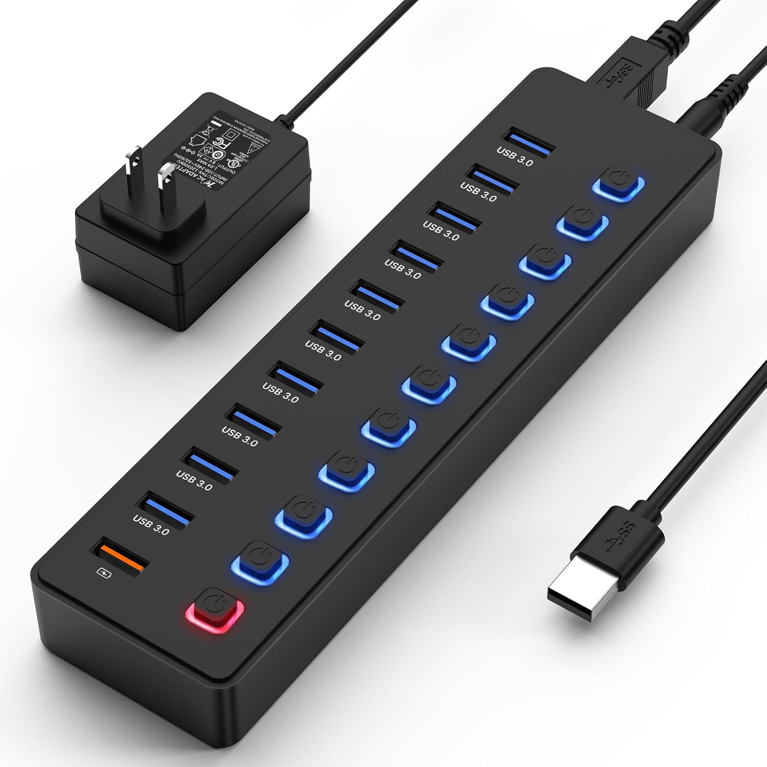 USB hub，Powered USB hub, 11-Port hub Splitter，10 USB 3.0 Data Transfer Port + 1 Smart Charging Port,Independent Switch (with LED Working Indicator) USB 3.0 Hub Powered with Power Adapter for Mac/PC