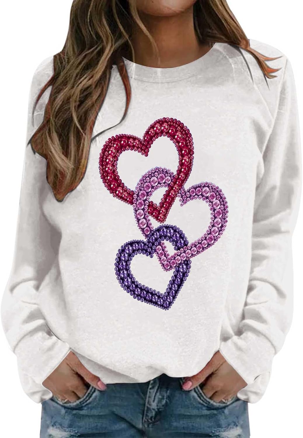 FZVYD Valentine Day Shirts for Women 2025 Love Heart Printed Hoodie Long Sleeved Crewneck Pullover Outfits Presents Clothes