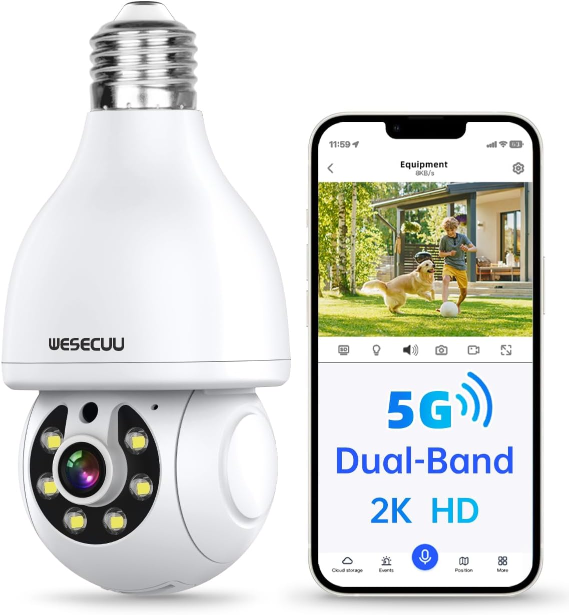 WESECUU Light Bulb Security Camera, 2.4G/5G WiFi Security Cameras Wireless Outdoor Indoor for Home Security, 2-Way Talk, Human Detection, Color Night Vision, Compatible with Alexa