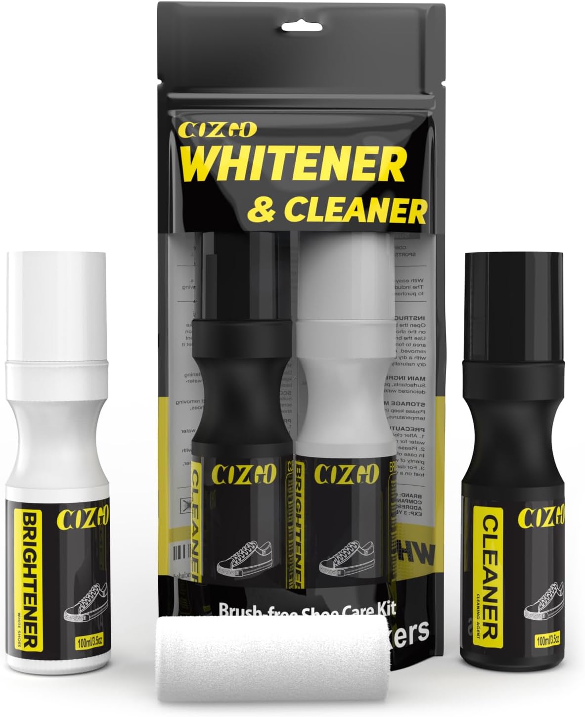 Shoe Cleaner Whitener for Sneaker, COZGO Shoe Cleaning and Whitening Kit, 3.5oz Shoe Cleaner and 3.5oz Whitener, No extra brushes needed,Work on White shoe,Sneaker,Canvas,Mesh,Tennis,PU,Fabric,Leather