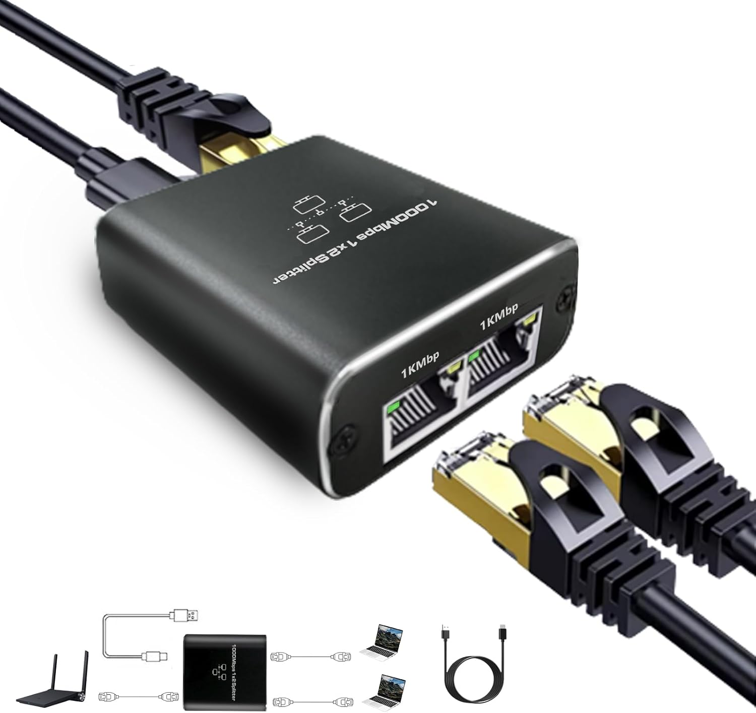 Gigabit Ethernet Splitter, 1000Mbps Ethernet Splitter 1 to 2 High Speed-2 Devices Simultaneously Networking,Either Internet Splitter with USB Power Cable, RJ45 LAN Splitter for Cat 5e/5/6/7/8 Cable