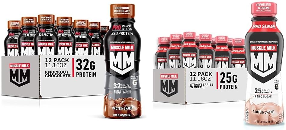 Muscle Milk Pro Advanced Nutrition Protein Shake & Genuine Shake, Strawberry, 11.16 Fl Oz Bottles (Pack of 12)