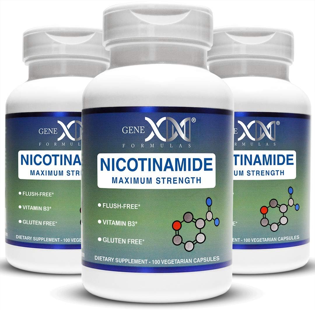 Genex Formulas Nicotinamide 500mg (3-Pack) Vitamin B3 Flush Free Niacin Capsules for Healthy Skin – Niacinamide Supplement Pills help Produce Keratin & Support Skin Cell Health & Energy (300 Capsules)