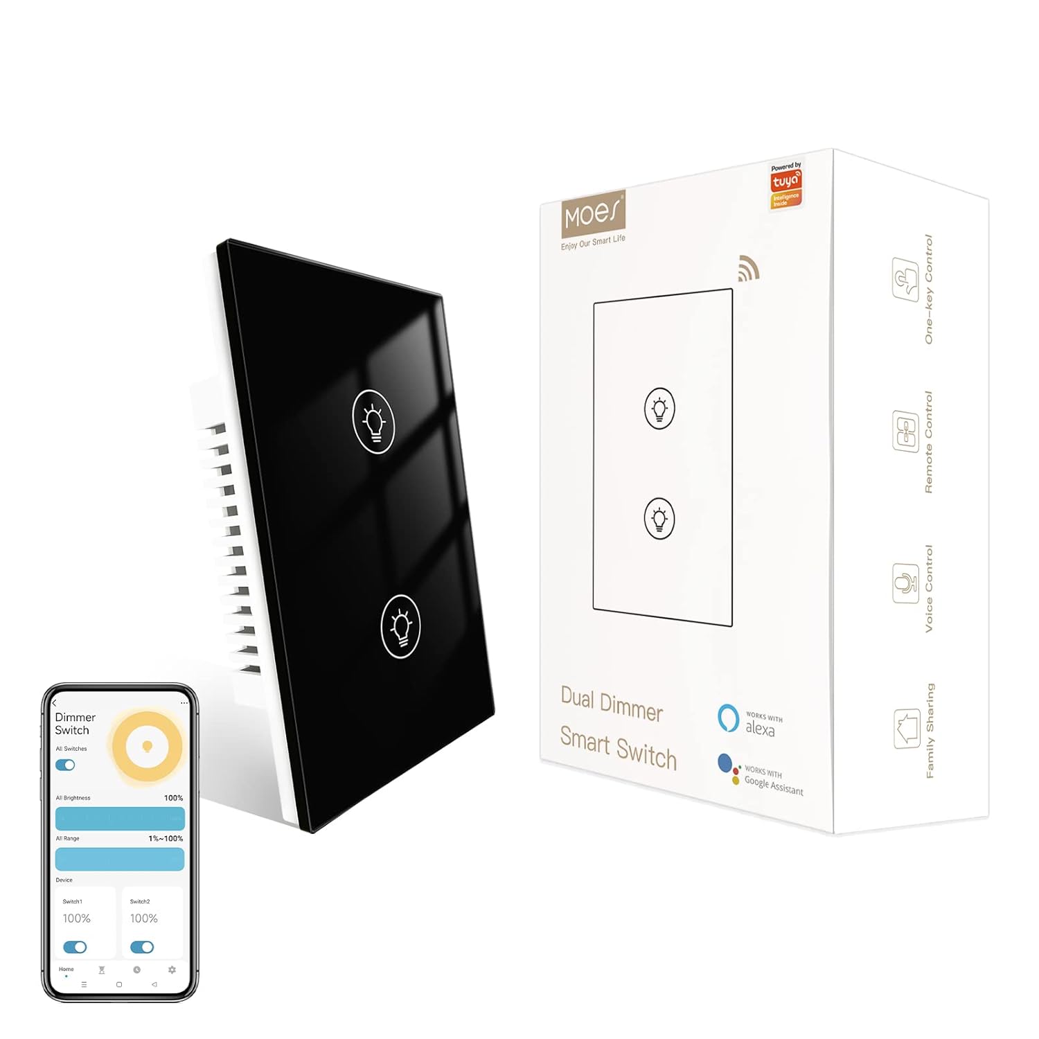 MOES Dual Dimmer Switch, Double Dimmer Switch for LED Lights, Full Range Dimming, WiFi Smart Light Switch Neutral Wire Required, Single Pole, 300W INC, 75W LED/CFL, Smart Life/Tuya APP Remote Control