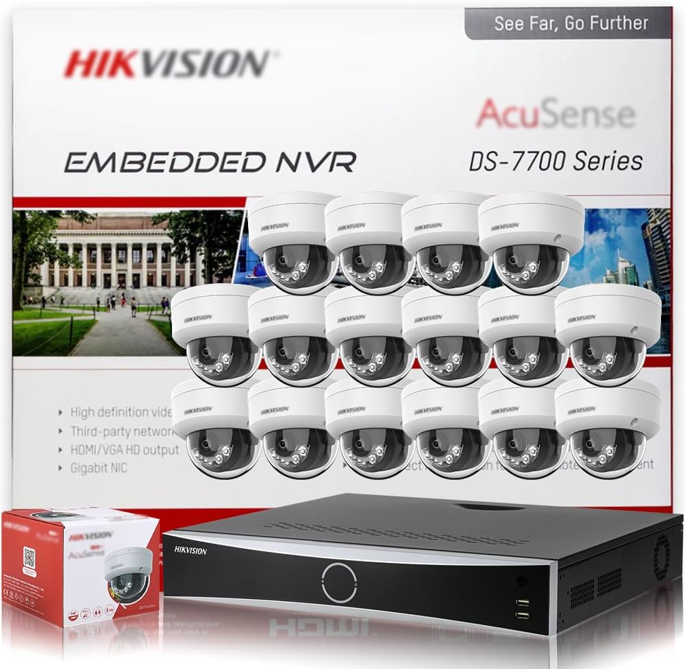 HIKV 32 Channel NVR Cameras System, DS-7732NXI-K4/16P 4K ACU-Sense 32-CH 16 PoE NVR, DS-2CD2143G2-LI 4MP Dome VCA IP Camera, Facial Recognition, Perimeter Protection, Compatible for Hikvision(NO HDD)