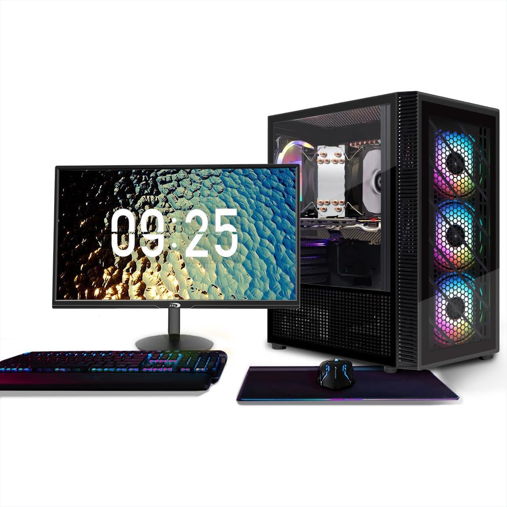 STGAubron Gaming PC Bundle with 24Inch FHD LED Monitor-Radeon RX 580 16G, AMD Athlon 3000G 3.5G, 16G Ram, 512G SSD, RGB Fan x4, RGB Mouse Pad, Windows 11 Home