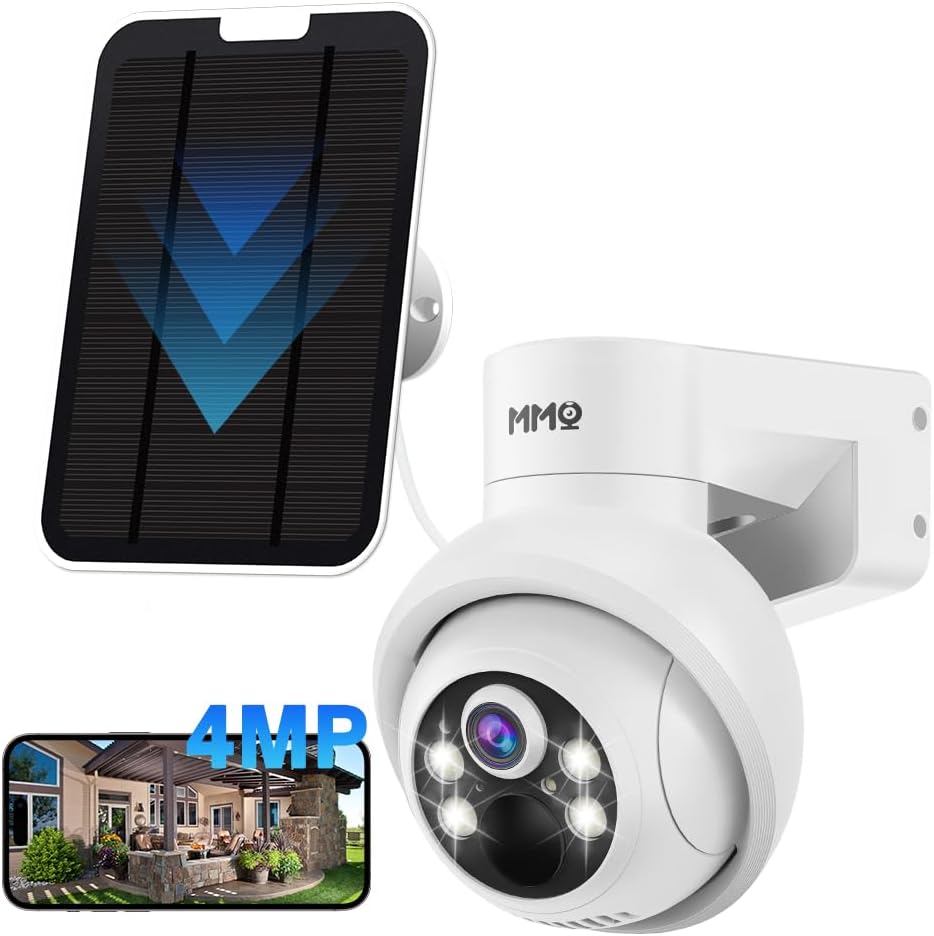 MMQ Solar Security Cameras Wireless Outdoor, 4MP PTZ Powered Security Cameras for Home, Security Camera Outside with PIR Motion Detection, Color Night Vision, Two Way Audio, Work with Alexa