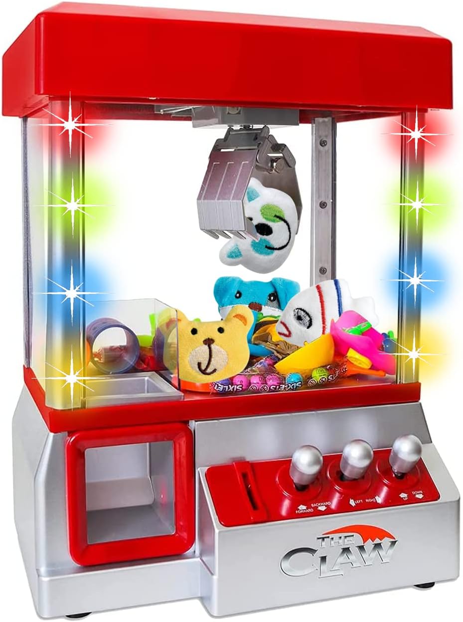 Bundaloo Claw Machine Arcade Game – Electronic Mini Candy and Toy Grabber Dispenser for Kids – with Lights Sound & 4 Mini Plush Animals (Red)