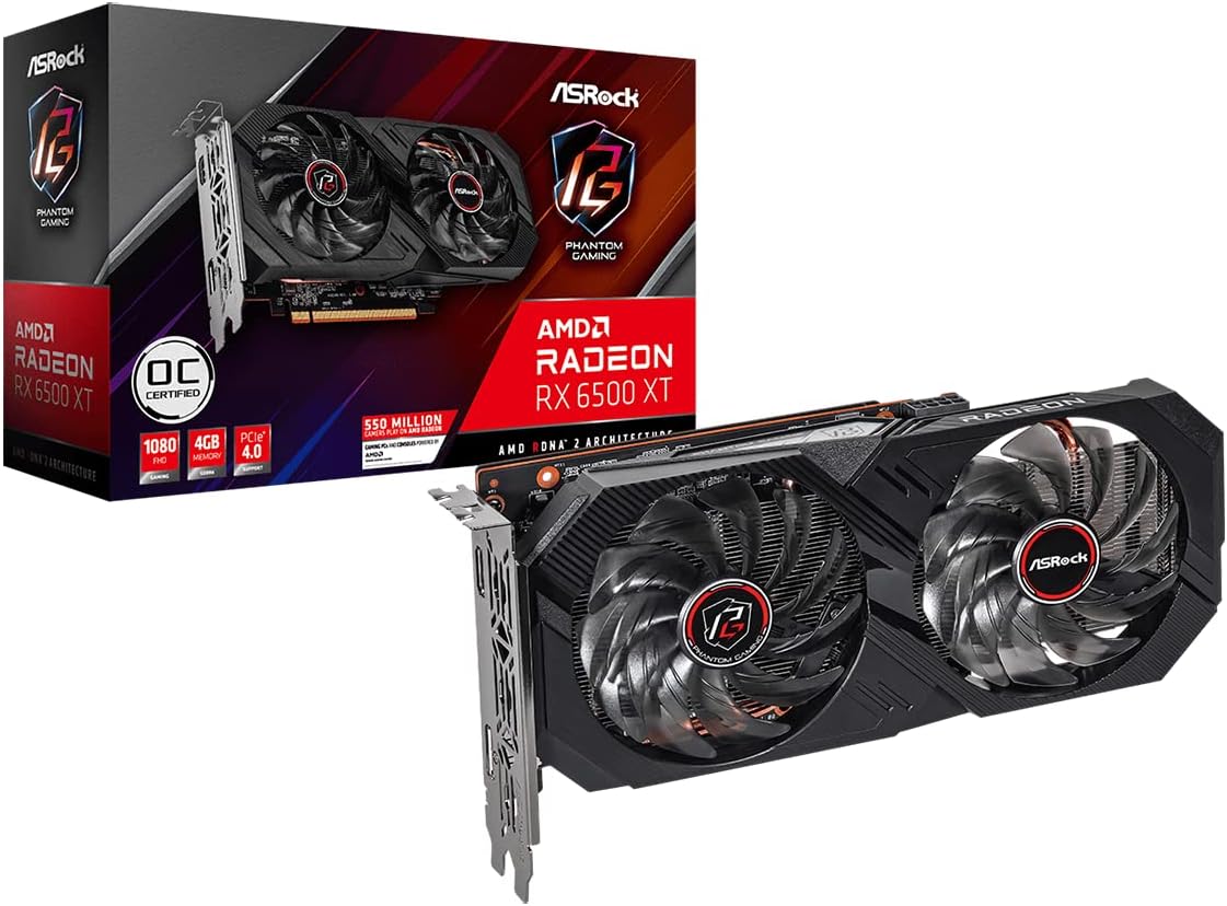 ASRock AMD Radeon RX 6500 XT Phantom Gaming D 4GB OC GDDR6 0dB Silent Cooling 18 Gbps 64-bit 7680 x 4320 Graphics Card Dual Fan HDMI DisplayPort