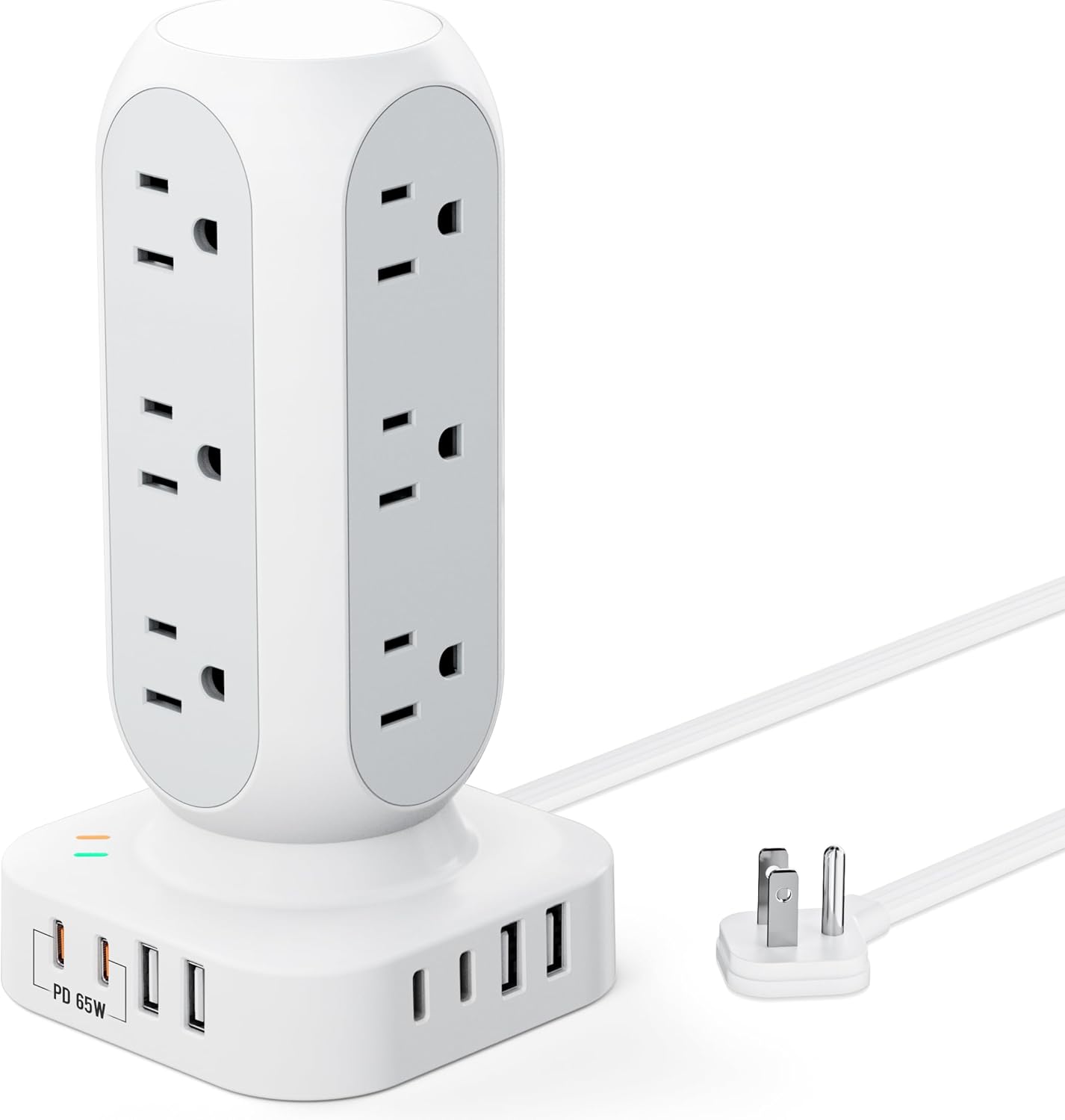 65W Fast Charging Station, Flat Plug Power Strip Tower with 12 AC Outlets & 8 USB Ports (2 PD USB-C Ports), 10FT Extension Cord, Compatible for MacBook Pro, iPhone Series.