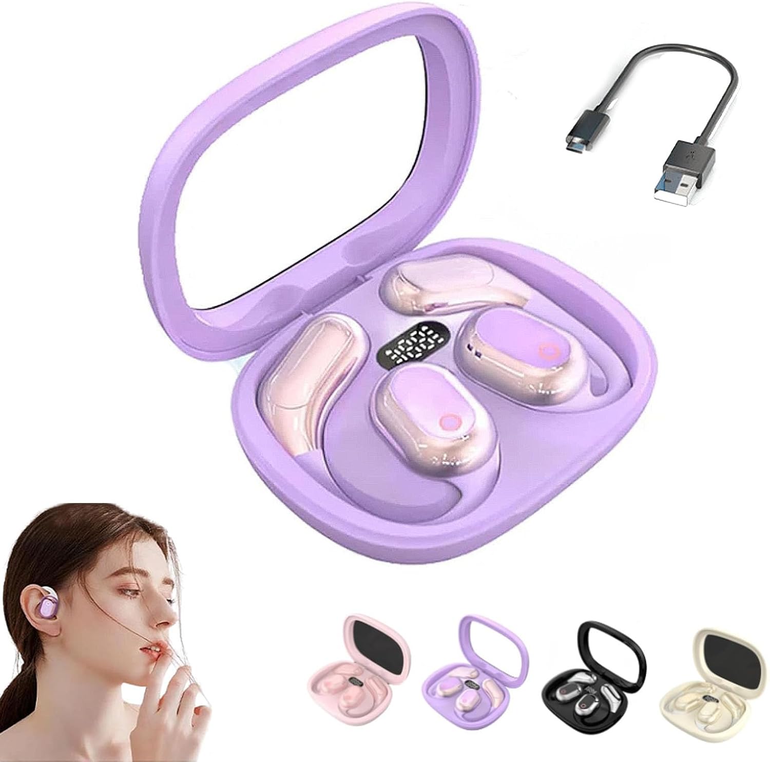 Peachloft Translator, Ai Headphones Language Translation, Open Ear Headphones Wireless, Multi-Language Ear Headphones, Wireless Earphones, Touchscreen-Purple