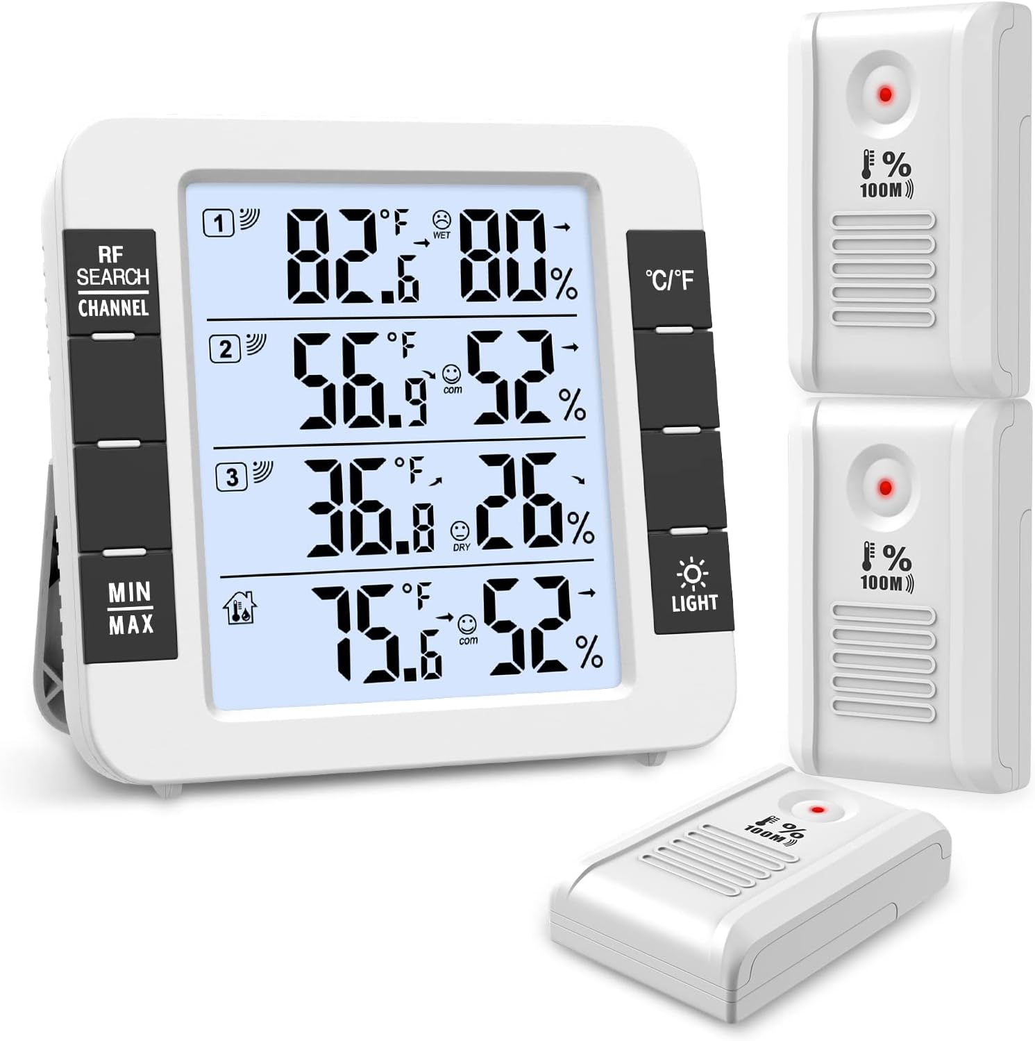 ORIA Indoor Outdoor Thermometer, Indoor Digital Hygrometer Thermometer, LCD Backlight, 3 Wireless Sensors, Min and Max Display, LCD Display for Home