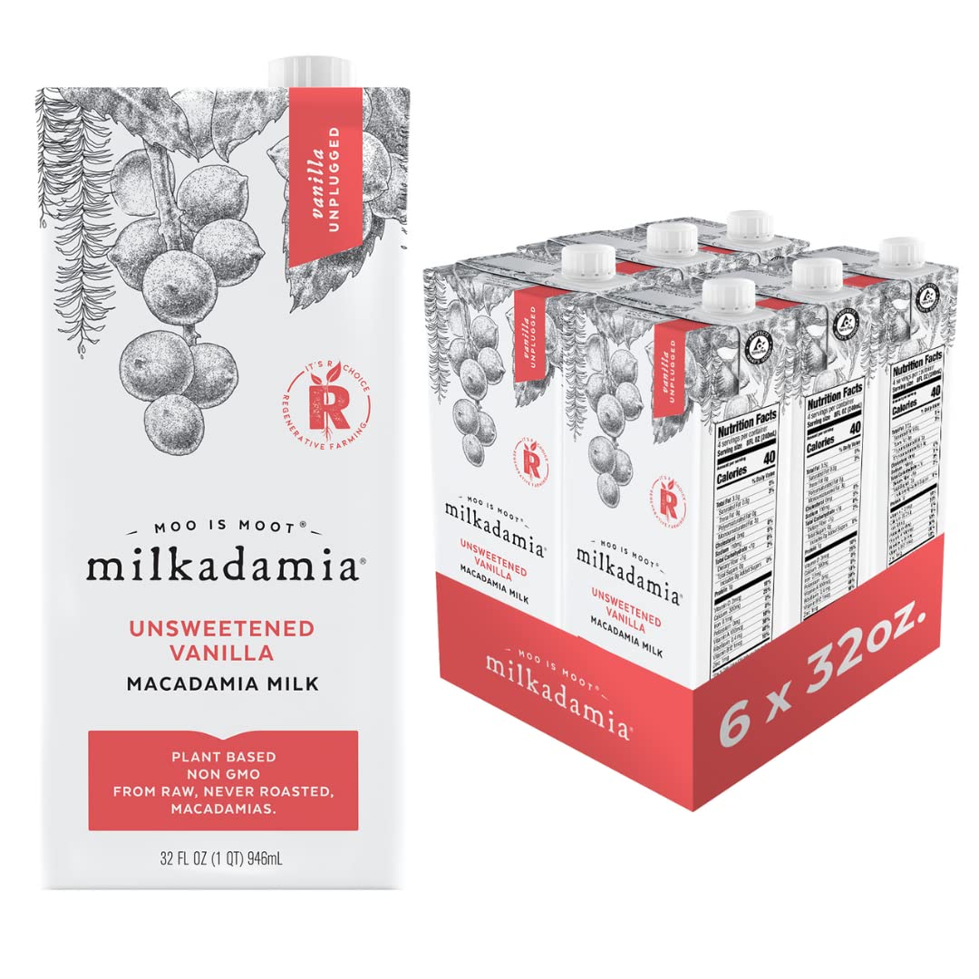 milkadamia Macadamia Milk – Unsweetened Vanilla – 32 Fl Oz (Pack of 6) – Lactose Free Milk, Vegan Shelf Stable Milk, Plant Based Non Dairy Milk, Organic Dairy Free Macadamia Nut Milk