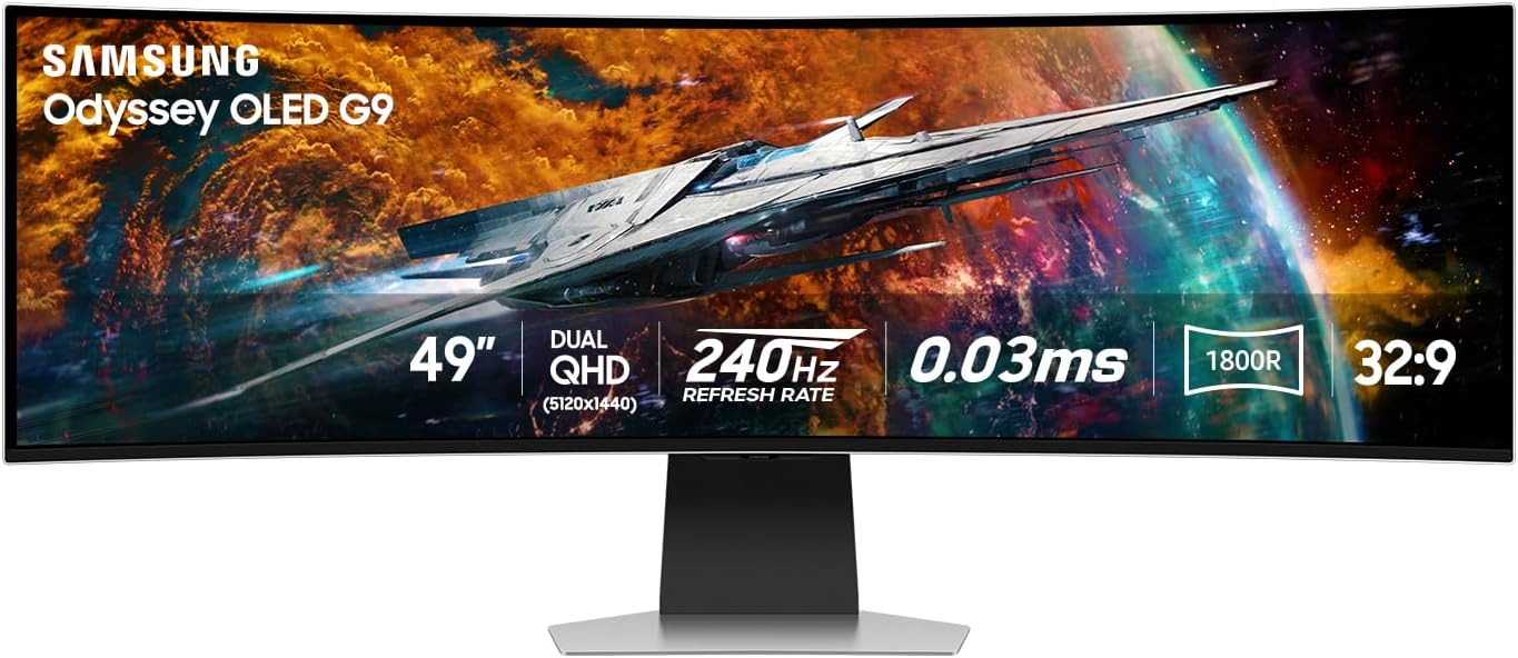 Samsung 49″ Odyssey OLED G9 (G95SC) Series Curved Smart Gaming Monitor, 240Hz, 0.03ms, AMD Freestyle Premium Pro, G-Sync Compatible, Dual QHD, Neo Quantum Processor Pro, LS49CG954SNXZA, 2023