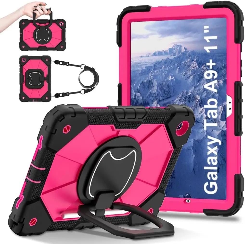 360 Rotating Case for Samsung Galaxy Tab A9 SM-X110 SM-X115 SM-X117 8.7 inch A9 Plus SM-X210 SM-X216B SM-X218U Armor Stand Cover (Black-Rose Red, A9 Plus SM-X210 X216)