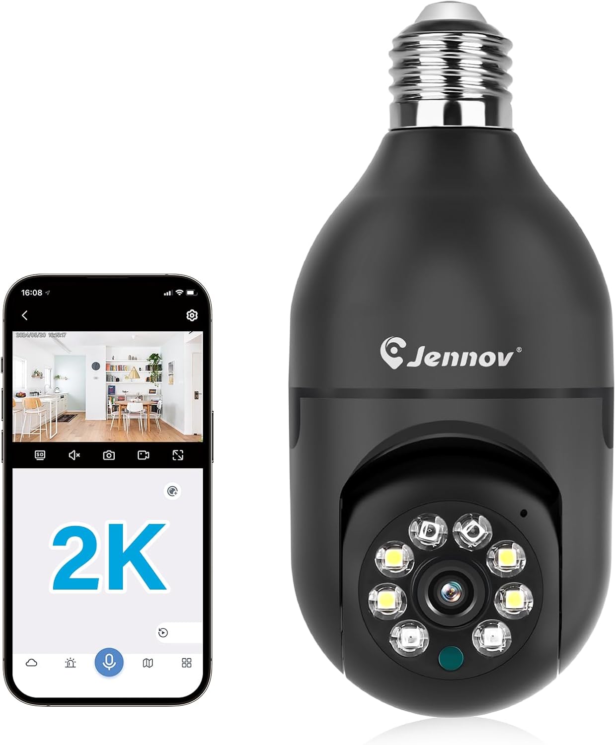 Jennov Light Bulb Security Camera, 360°/2k HD Wireless Camera, 5/2.4Ghz Wi-Fi Light Socket Camera with Auto Tracking, AI Human Detection, Compatible with Alexa for Indoor&Outdoor Home Security