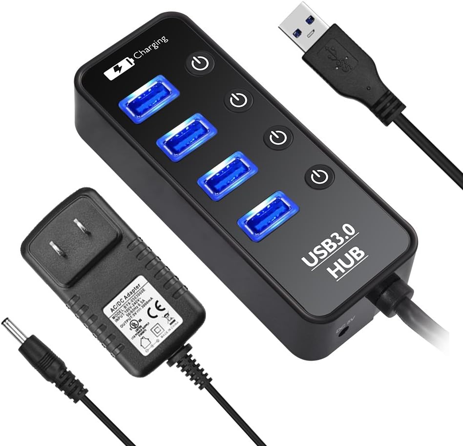 USB Hub 3.0 Powered, LYFNLOVE USB Extender 4-Port Data USB Hub with Power Adapter and 1 Smart Charging Port, USB Splitter with On/Off Switches for MacBook, Mac Pro/Mini, iMac, Surface Pro Laptop/PC