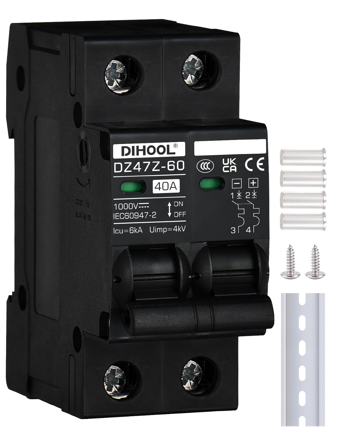 DIHOOL DC Circuit Breaker 40 Amp Solar Disconnect Switch 2P 1000V for PV, UPS, RV Battery,DIN Rail Mount