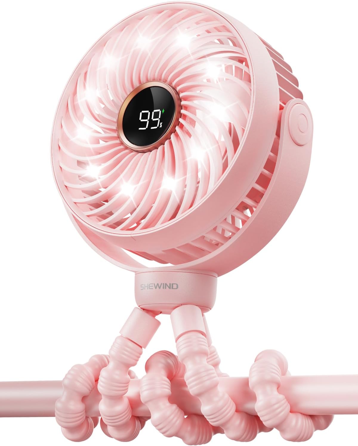 Stroller Fan, LED Light Portable Fan, 3600mAh Battery Operated Small Clip on Fan, 4 Speed Rechargeable Mini Personal Fan Cooling Travel Fan For Car Seat Crib Treadmill (Pink)